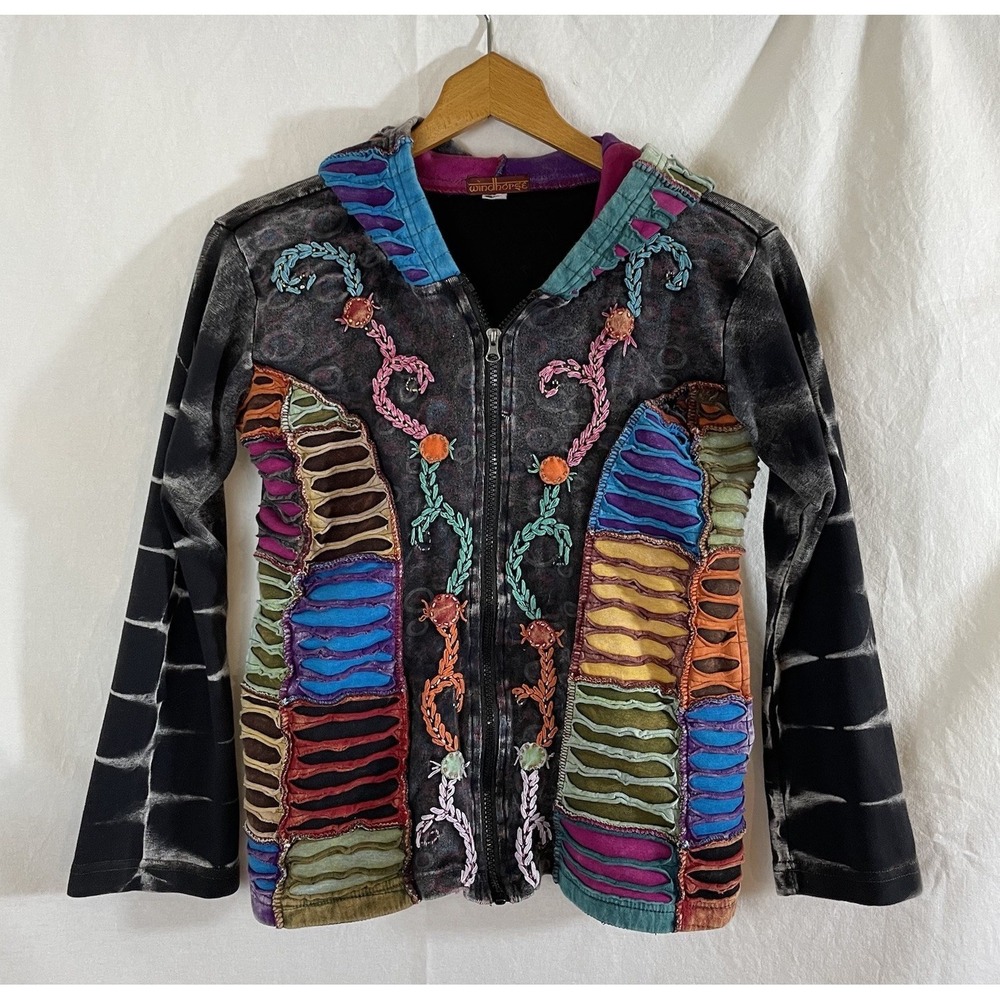 Windhorse Jacket Hoodie Womens Small S Full Zip Boho Pockets Bohemian Hippie